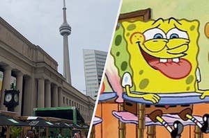 photo of toronto and a photo of spongebob with his tongue out