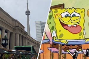 photo of toronto and a photo of spongebob with his tongue out