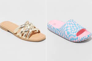 on left: metallic strap flat sandal. on right: pink and blue checkered slides