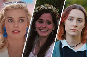 Margot Robbie as "Barbie," next to a separate image of Emma Watson in "Little Women," next to a separate image of Saoirse Ronan in "Lady Bird"