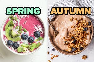 On the left, a berry smoothie bowl topped with coconut flakes, seeds, kiwi, and blueberries labeled spring, and on the right, a chocolate smoothie bowl topped with granola and raisins labeled autumn