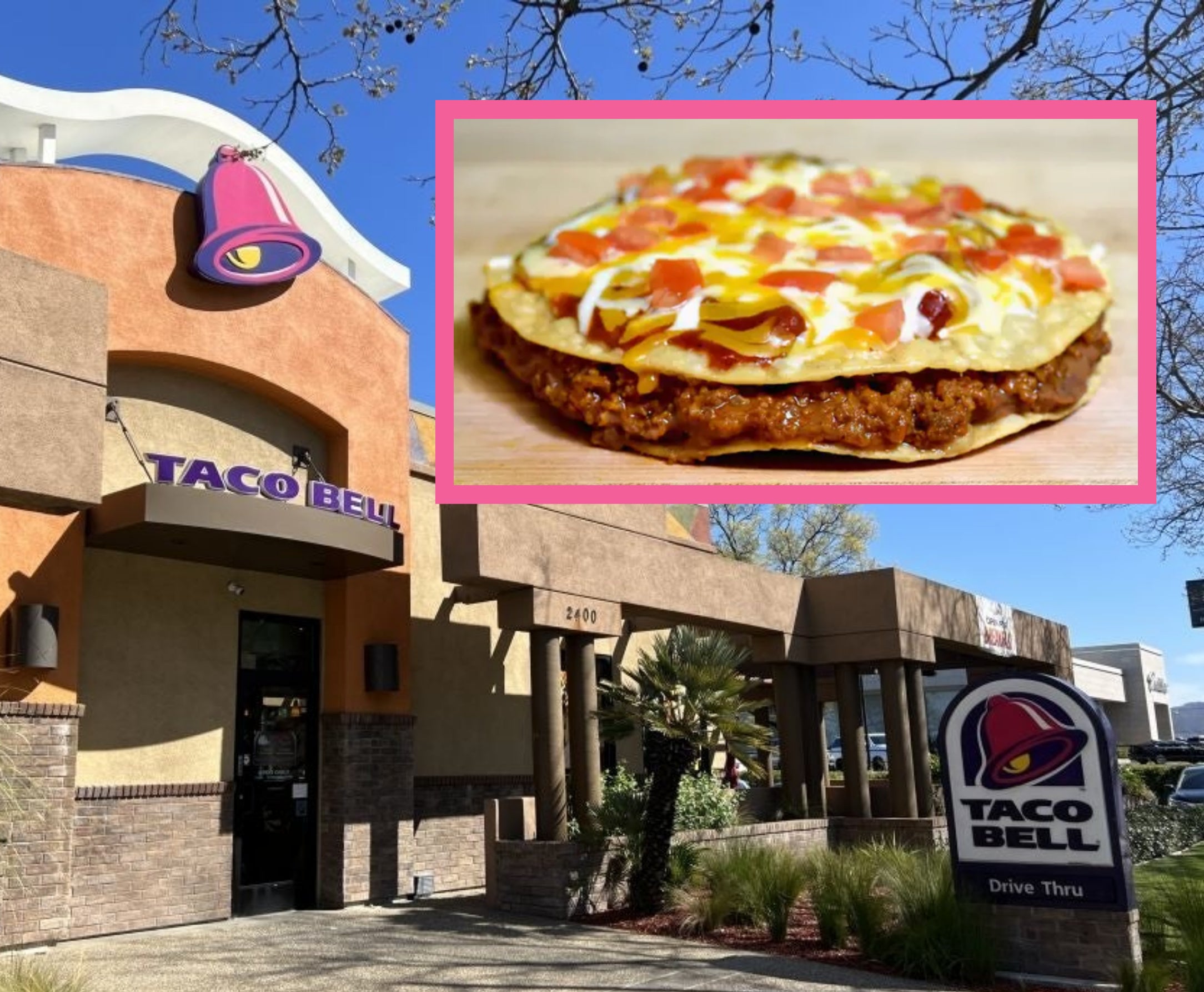 taco bell building with overlayed image of mexican pizza