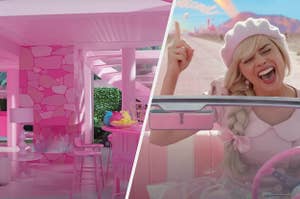 An image of the Barbie dreamhouse on the left side and an image of Margot Robbie as Barbie on the right side.