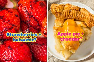 Strawberries topped with balsamic next to a separate image of a slice of apple pie topped with cheddar cheese.