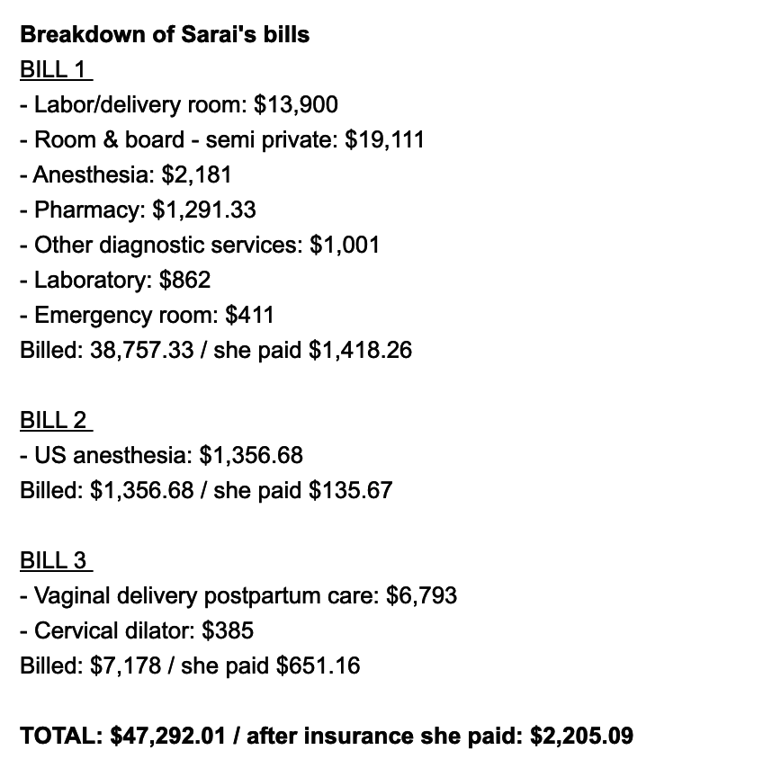 A breakdown of Sarai&#x27;s hospital bills for labor &amp;amp; delivery