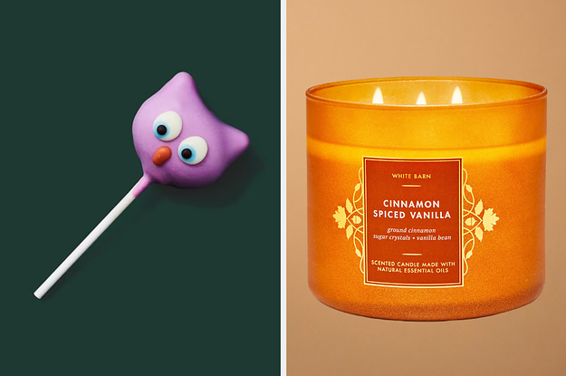 On the left, an owl cake pop from Starbucks, and on the right, a Cinnamon Spiced Vanilla candle from Bath and Body Works