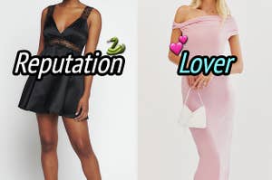 On the left, someone wearing a short, sleeveless dress labeled Reputation, and on the right, someone wearing a long, off-the-shoulder gown labeled Lover