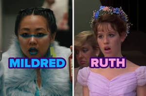 Stephanie Hsu in "Everything Everywhere All At Once" with the name Mildred over the image, next to a separate image of Molly Ringwald in "Sixteen Candles" with the name Ruth over the picture