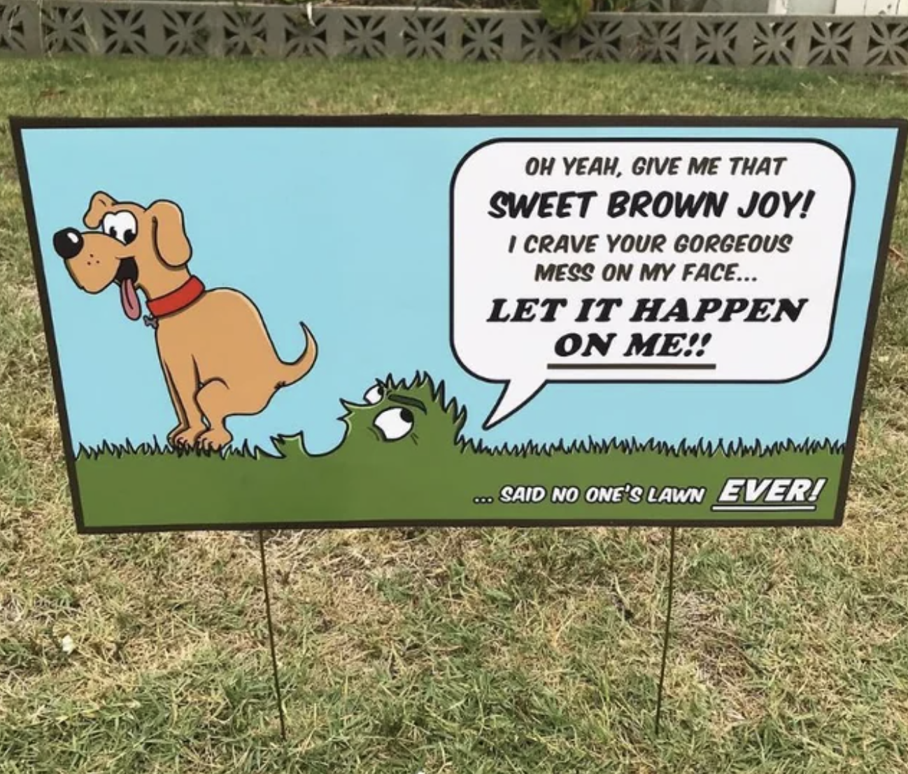 illustration of a dog pooping on grass that is saying, oh yeah give me that sweet brown joy