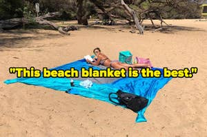 reviewer using a large sand-proof blanket at the beach and text that reads "This beach blanket is the best"