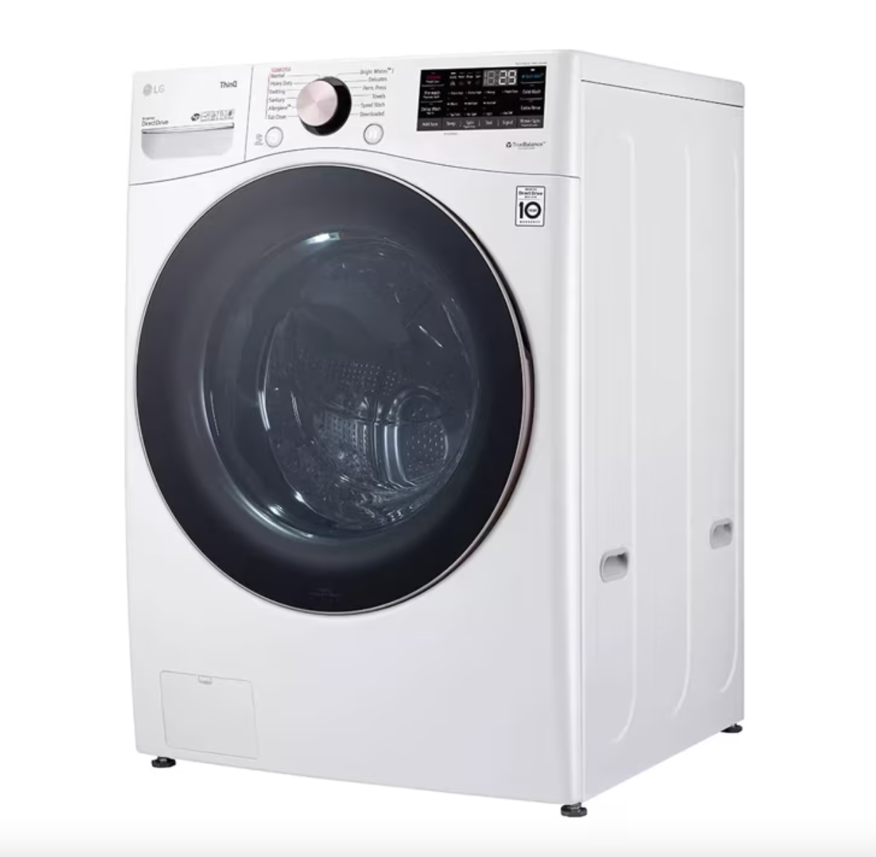 The washing machine in white, with a round dial and digital panel