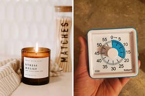 side by side photots of a stress relief candle and a person holding a productivity timer