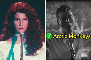 Lana Del Rey next to a separate image of the lead singer of Arctic Monkeys singing into a mic.