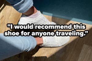 reviewer in the white sneakers with no laces and text that reads "I would recommend this shoe for anyone traveling"