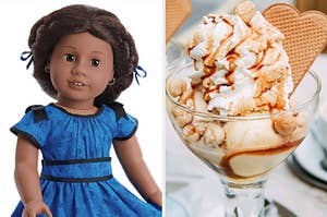 On the left, Addy the American Girl Doll, and on the right, a caramel sundae topped with caramel corn, whipped cream, and a heart-shaped waffle piece