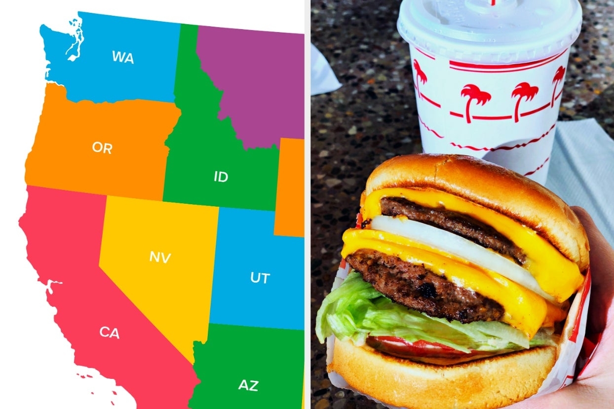 On the left, a map of the US focusing on the West Coast, and on the right, an In-N-Out burger and drink in a cup