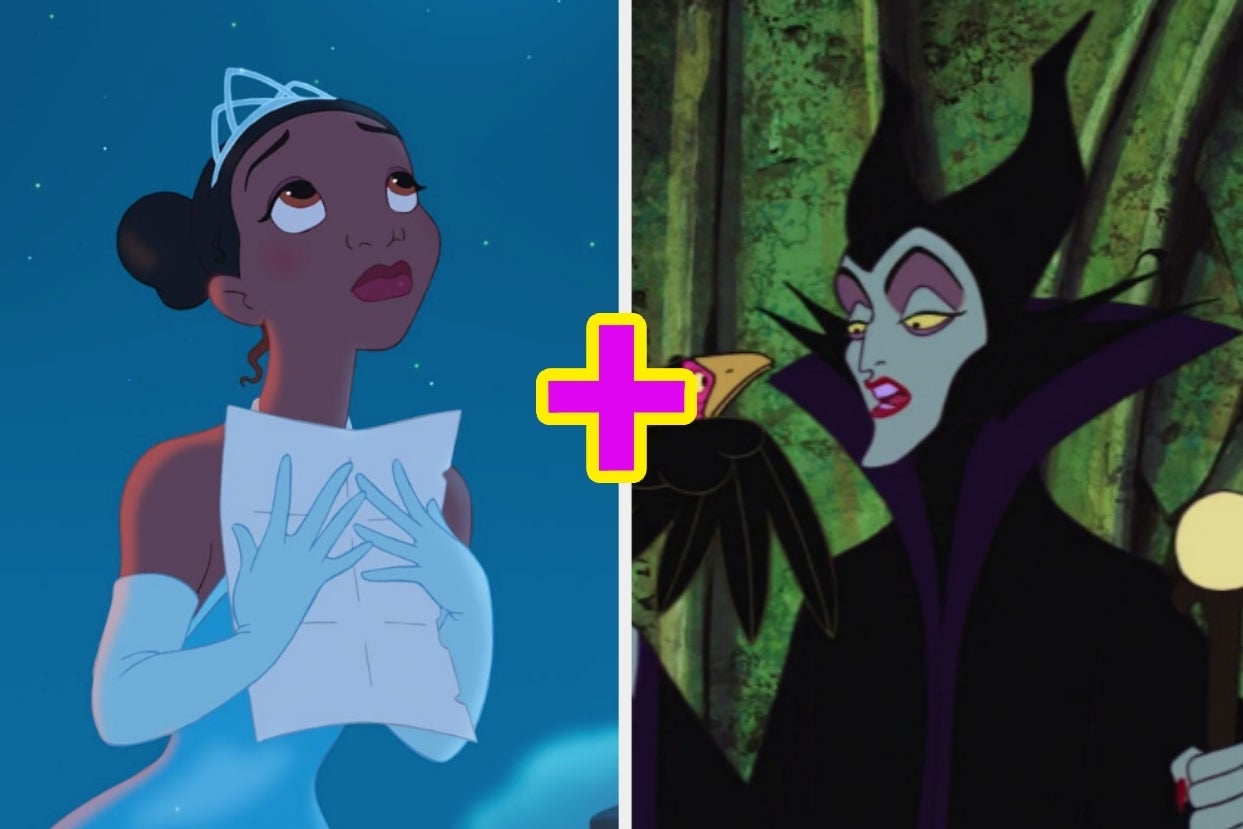 On the left, Tiana from The Princess and the Frog, and on the right, Maleficent from Sleeping Beauty with a plus sign in the middle
