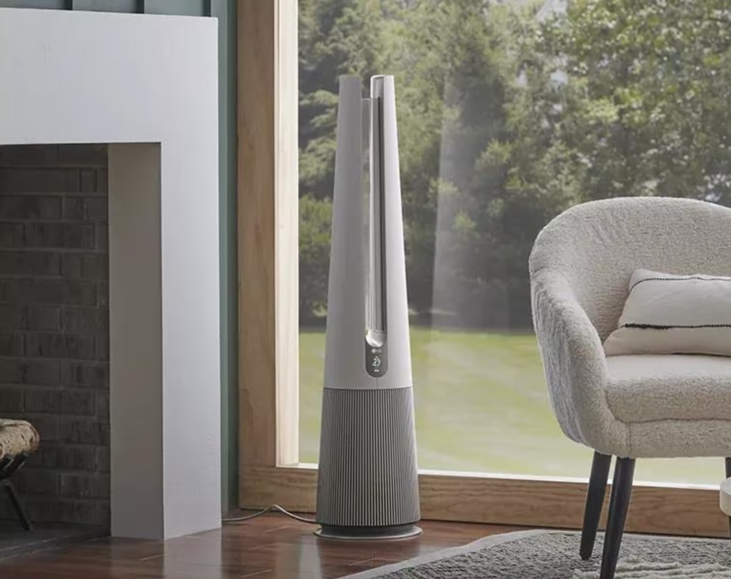 The white, cone-shaped air purifying tower