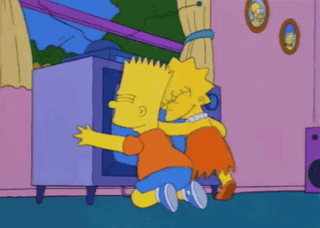 Bart and Lisa from The Simpsons hugging their TV