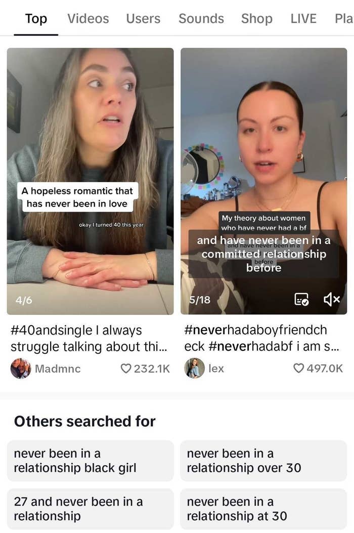 Screenshot of TikTok results for &quot;never been in a relationship&quot; displaying videos with more than 200,000 likes and similar searches