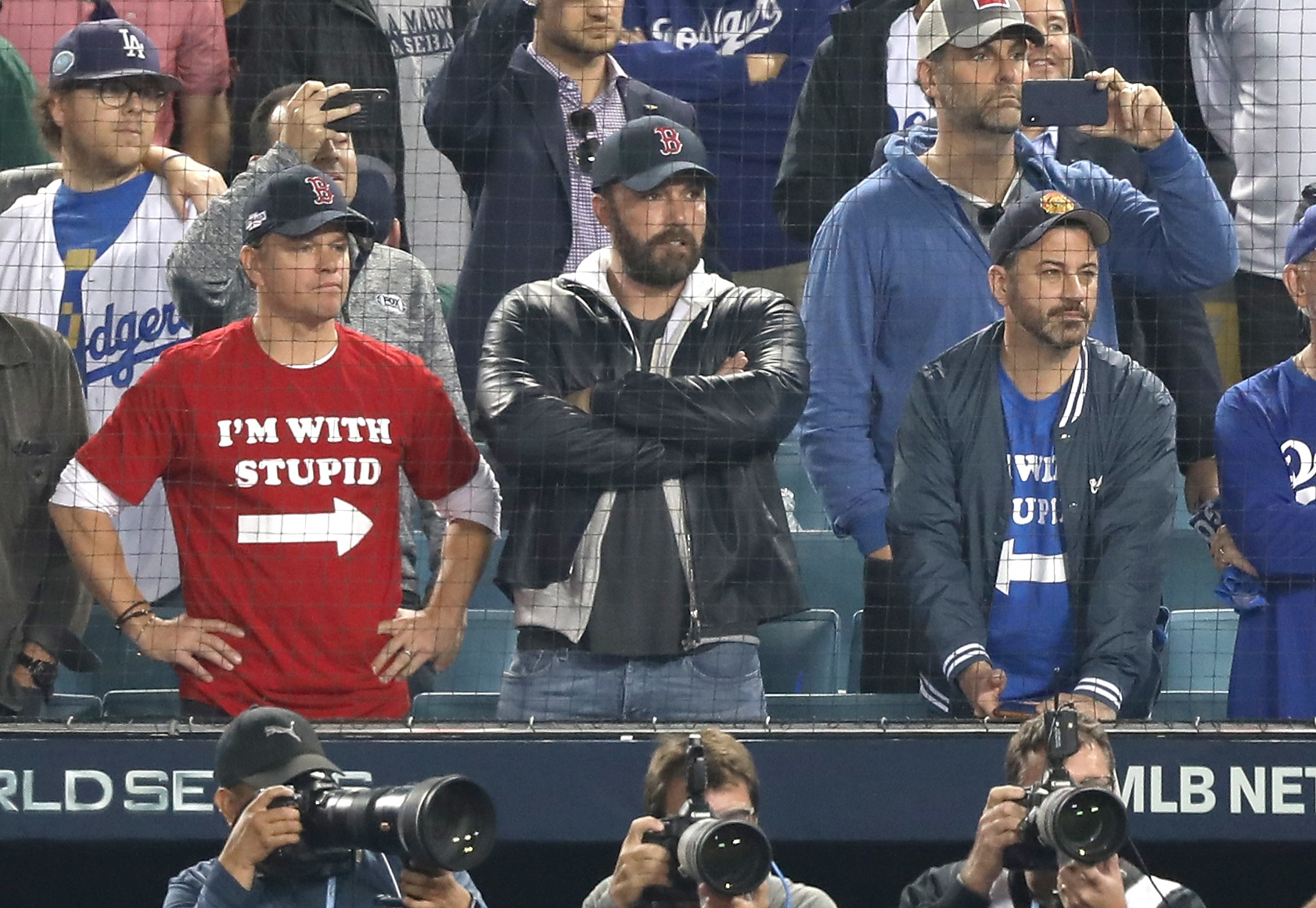 Matt Damon and Ben Affleck with Jimmy at a baseball game