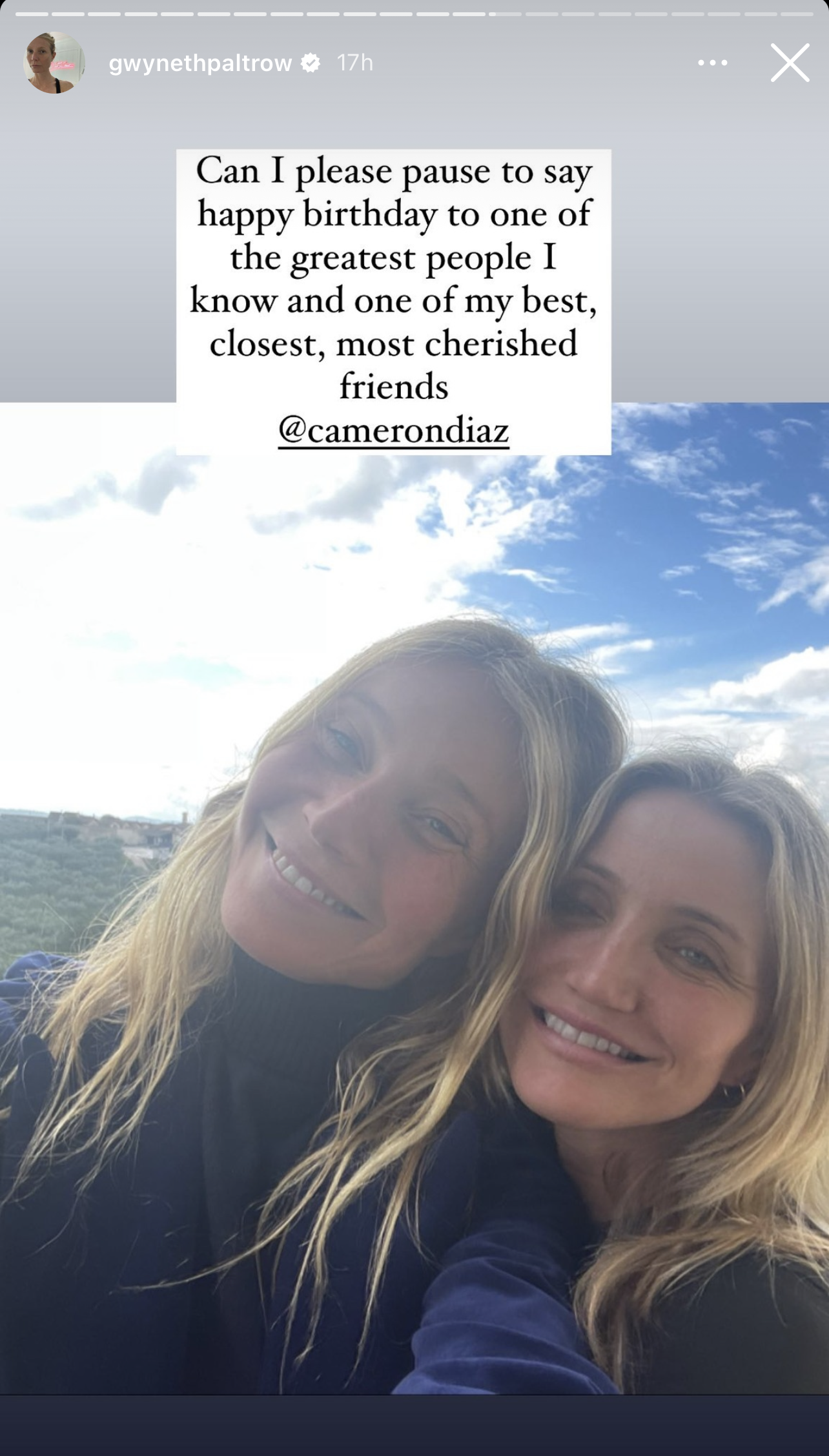 Screenshot of Gwyneth and Cameron during the live with the caption &quot;Can I please pause to say happy birthday to one of the greatest people I know and one of my best, closest, most cherished friends @camerondiaz&quot;