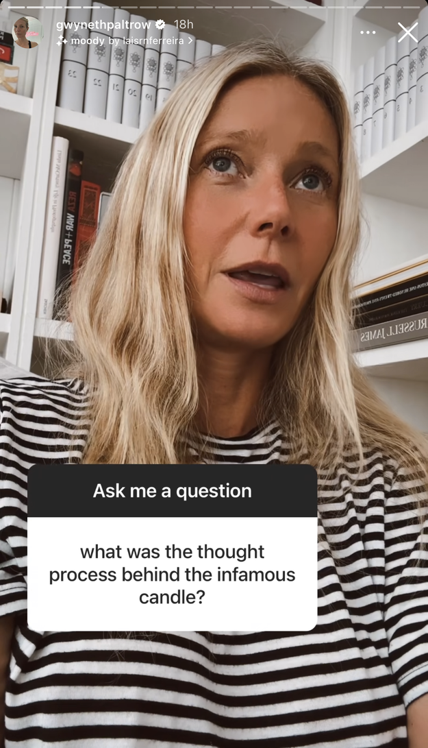 Screenshot of Gwyneth during the live with the question &quot;What was the thought process behind the infamous candle?&quot;