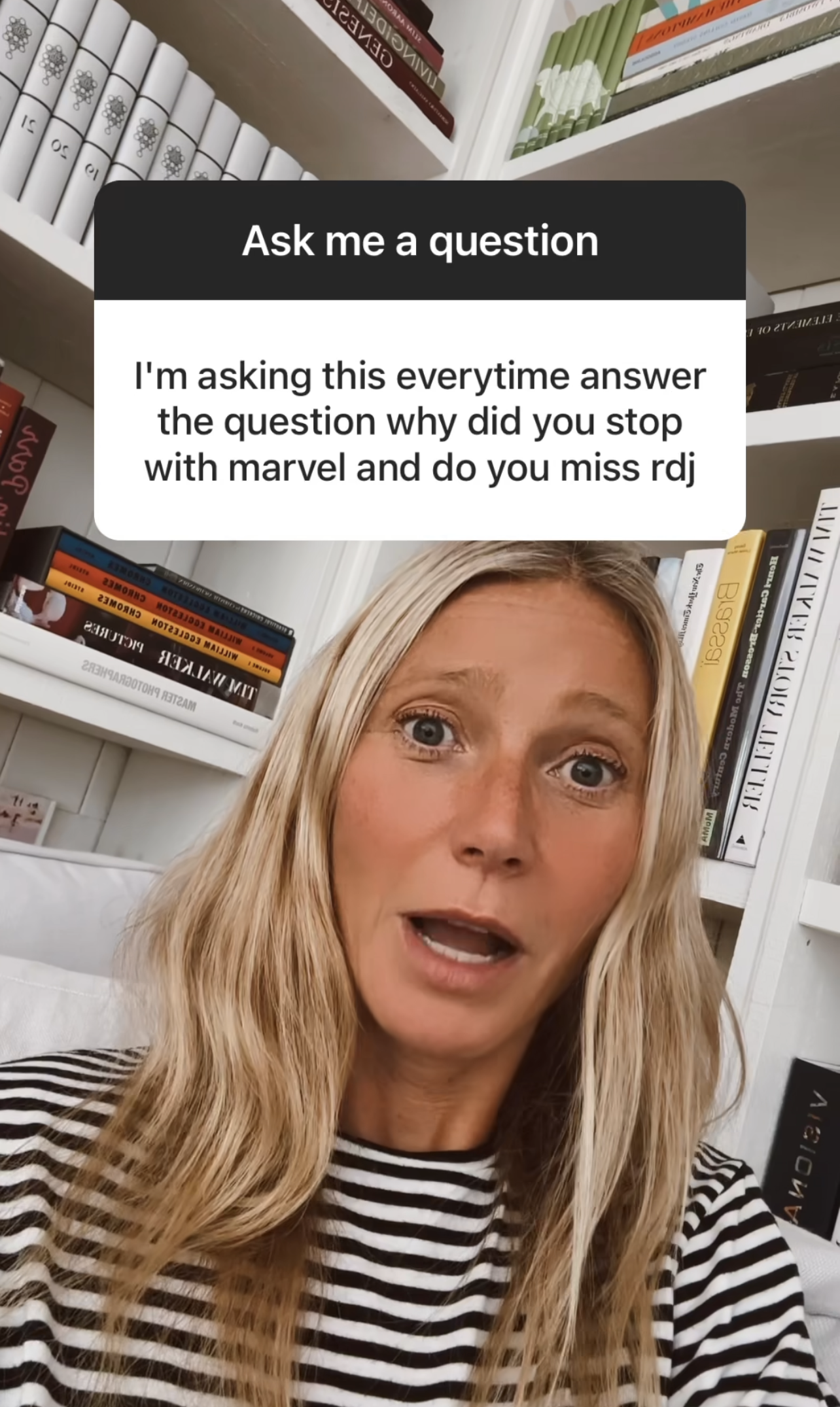 Screenshot of Gwyneth during the live reacting to the question &quot;I&#x27;m asking this every time answer the question why did you stop with marvel and do you miss rdj&quot;