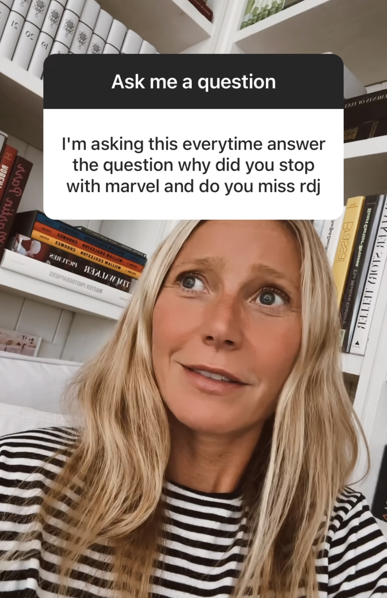 Screenshot of Gwyneth during the live reacting to the question &quot;I&#x27;m asking this every time answer the question why did you stop with marvel and do you miss rdj&quot;