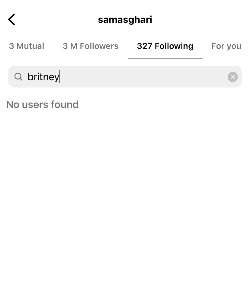 Screenshot showing that he's not following her on IG