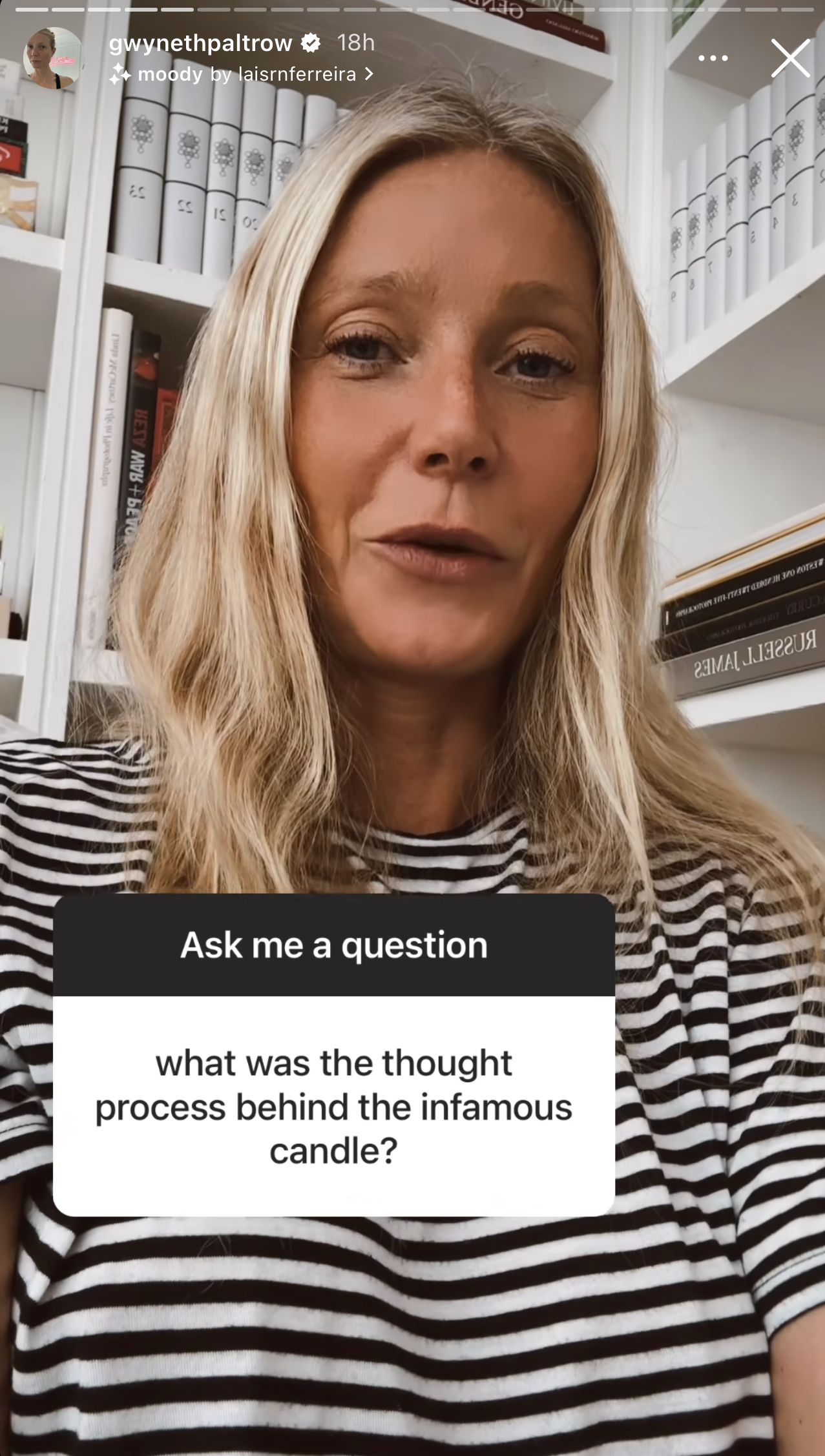 Screenshot of Gwyneth during the live with the question &quot;What was the thought process behind the infamous candle?&quot;