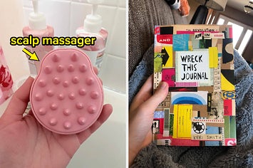to the left: a scalp massager, to the right: a wreck this journal