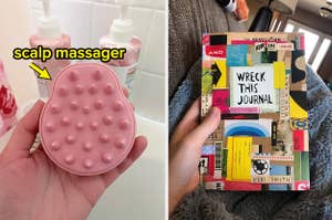 to the left: a scalp massager, to the right: a wreck this journal