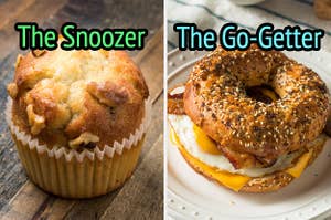 On the left, a banana nut muffin labeled The Snoozer, and on the right, bacon, egg, and cheese on an everything bagel
