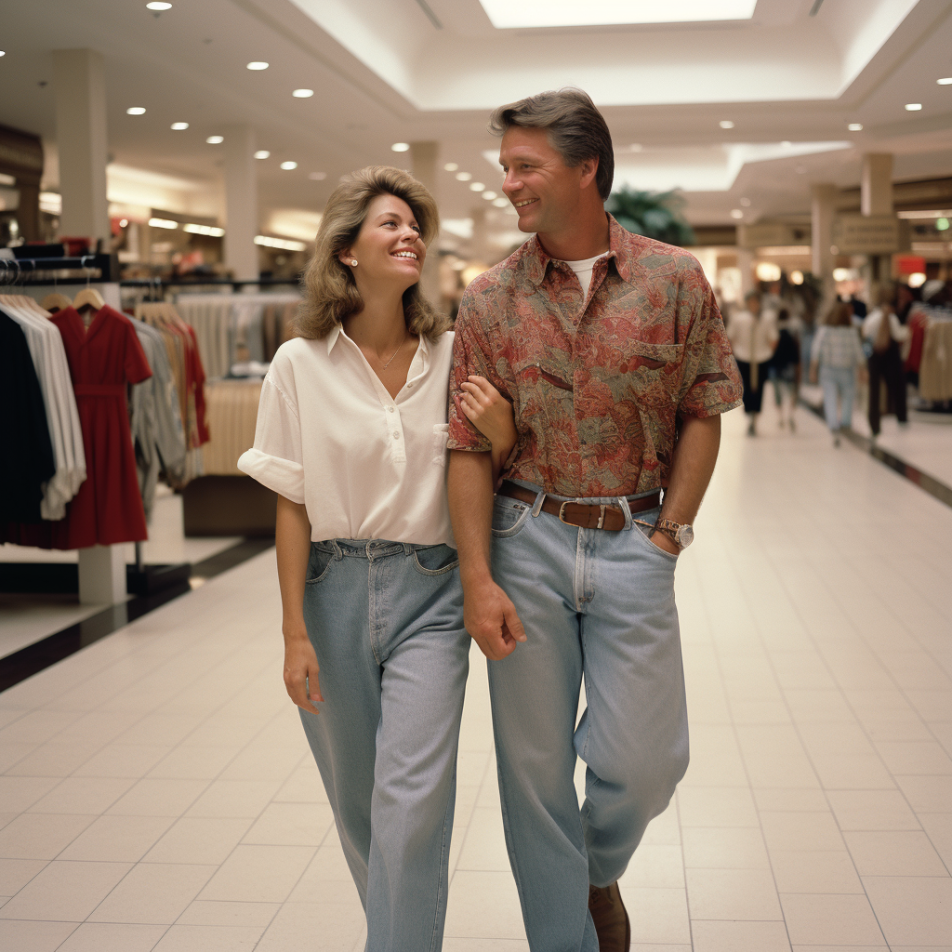 A 50-year-old couple at a mall in the 1990s