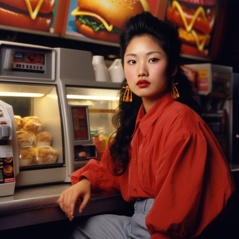 A woman at a fast-food restaurant in the 1990s