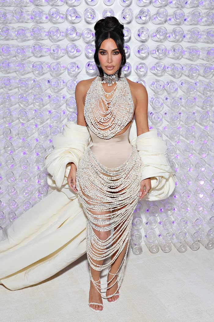 Closeup of Kim Kardashian in a beaded dress
