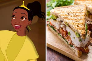 On the left, Tiana from The Princess and the Frog, and on the right, a grilled BLT with chicken