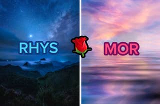 Night sky over mountains with the name Rhys over the image, next to a separate image of a sunset with the name Mor over it.