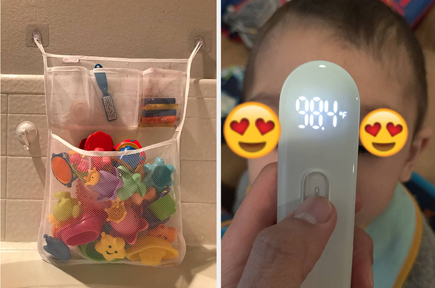 A mesh toy organizer in a bathtub filled with bath toys/A reviewer taking their child's temperature using a forehead monitor