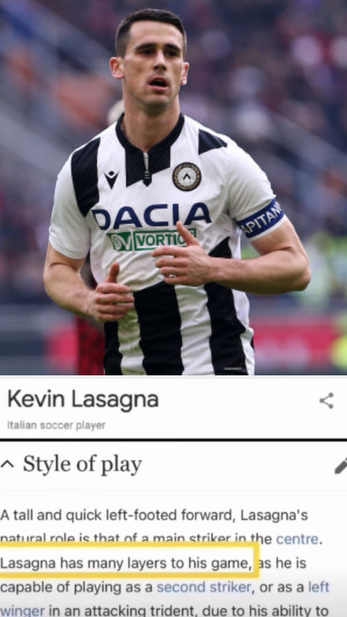 name of the player is kevin lasagna and someone wrote lasagna has many layers to his game