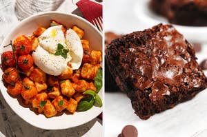 On the left, some gnocchi with marinara sauce and soft cheese on top, and on the right, a fudgy brownie