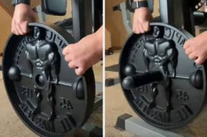 A weight with a man that looks like it has a penis when the bar goes through