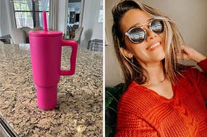 on left: bright pink tumbler with handle and straw. on right: reviewer wearing round black sunglasses