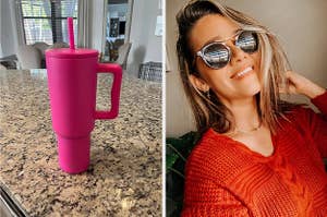 on left: bright pink tumbler with handle and straw. on right: reviewer wearing round black sunglasses