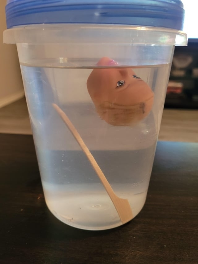 A jar of water with a doll head floating inside