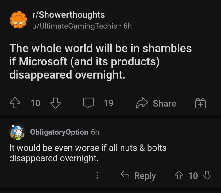 &quot;It would be even worse if all nuts &amp;amp; bolts disappeared overnight&quot;
