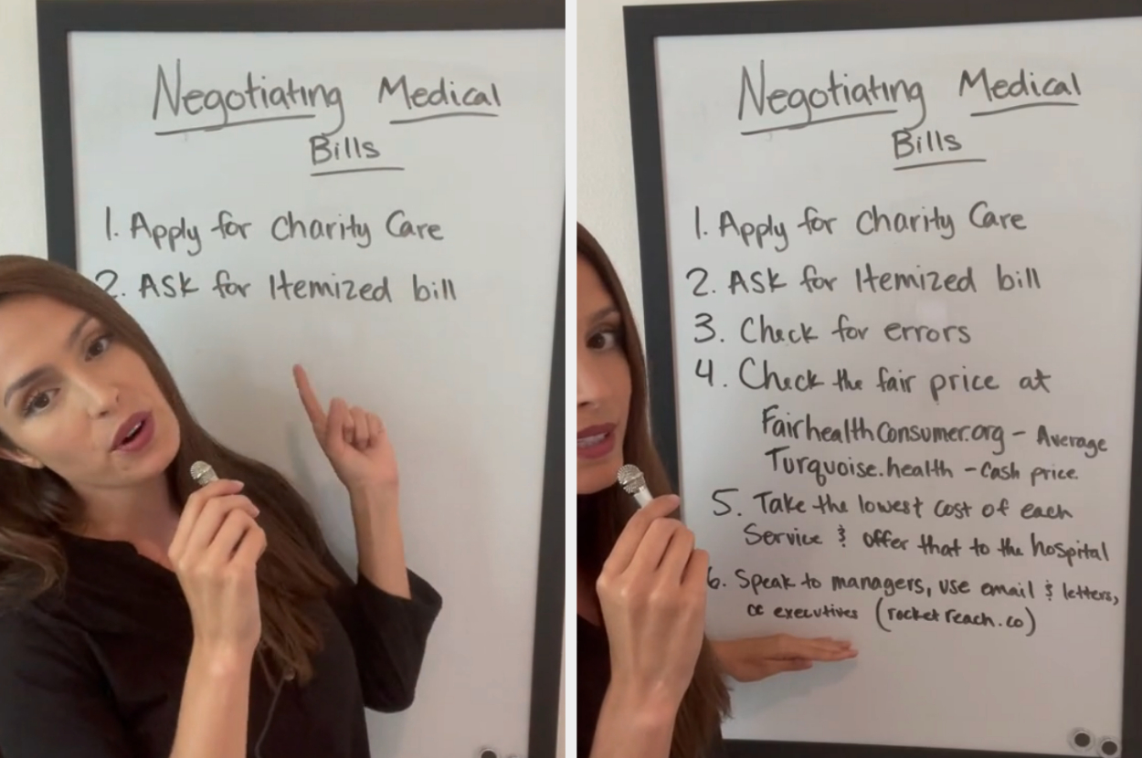 Christy pointing to a whiteboard that writes out how to negotiate your hospital bills