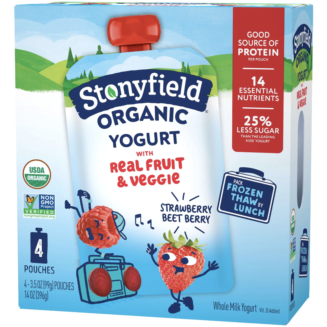6 four ounce yogurt pouches with real fruit and veggie