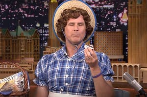 Will Ferrell eating a Zebra Cake while dressed as Little Debbie